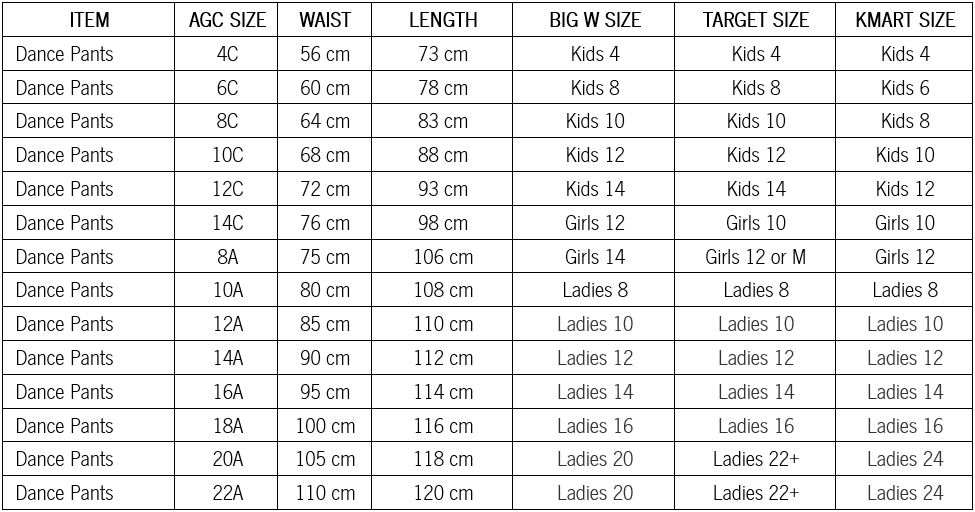 Size Guide AGC Online Store
